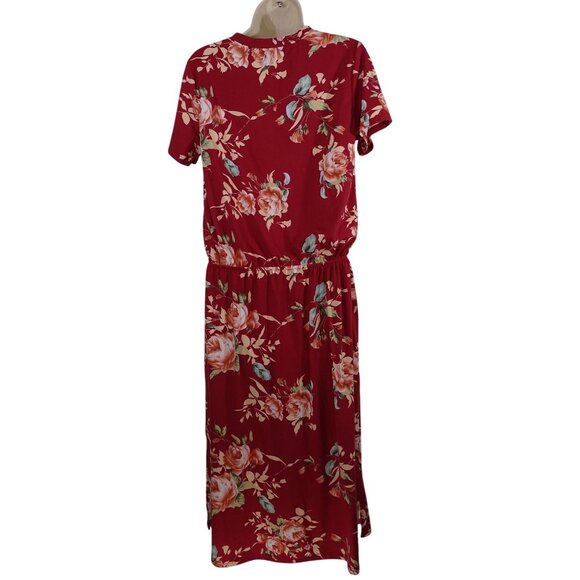 Floral Red Midi Dress With Elastic Waist Women Size L Short Sleeve Pocket FLAW - Picture 5 of 12